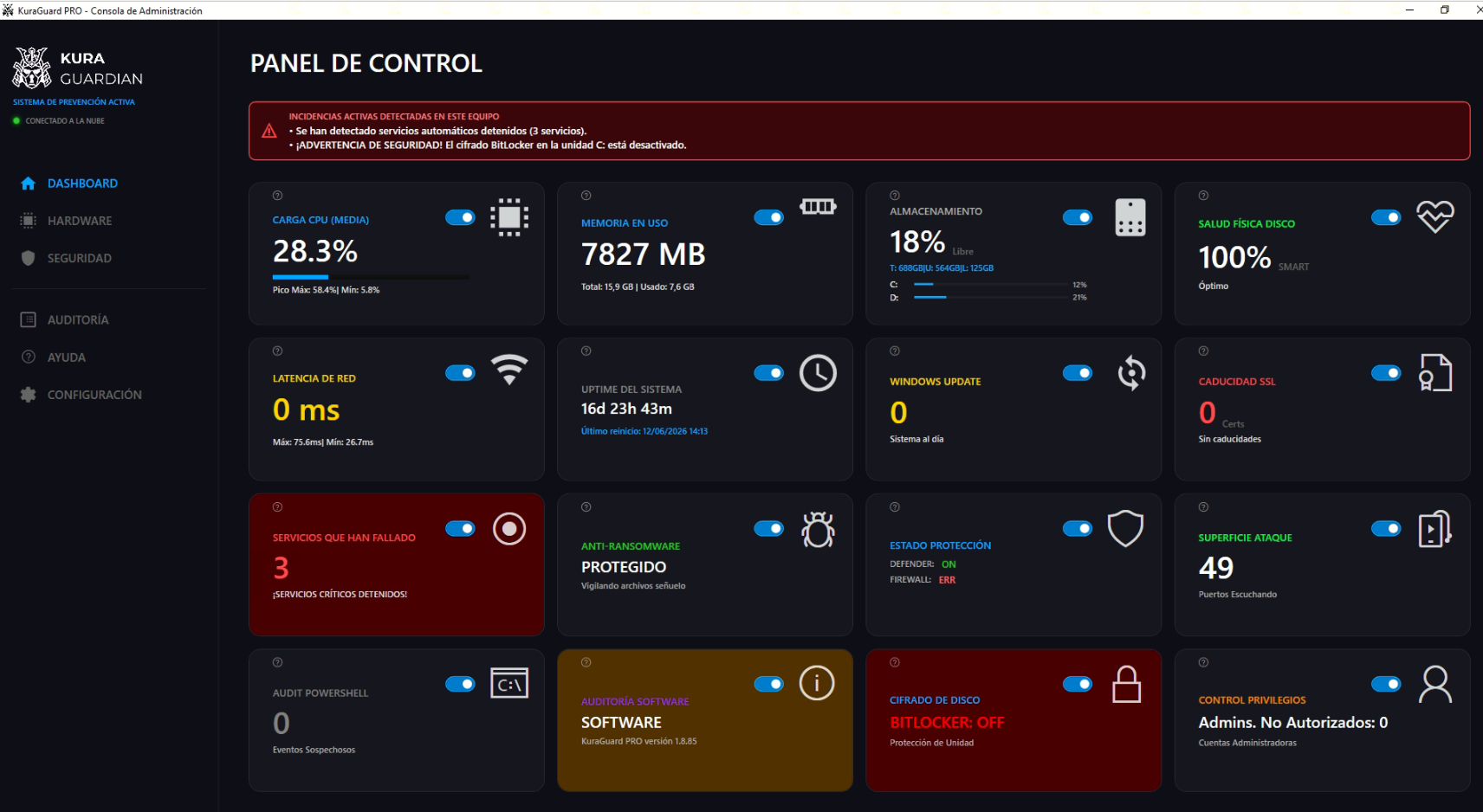 Consola de bajo consumo del agente KuraGuard en Windows